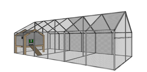 3D návrh dlouhé voliéry MAGNUM s vnitřním kurníkem DUO