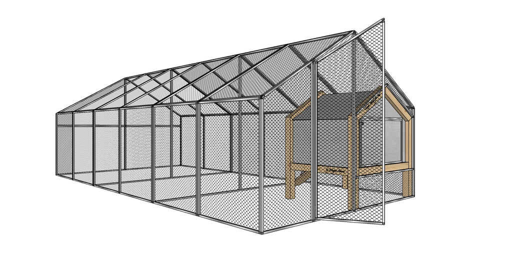 3D návrh velké voliéry MAGNUM s kurníkem DUO a otevřenými dvířky