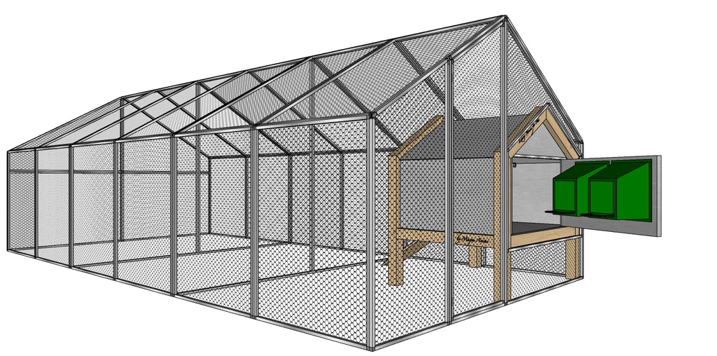 3D návrh kurníku OPTIMUS s velkou voliérou MAGNUM a hnízdními boxy