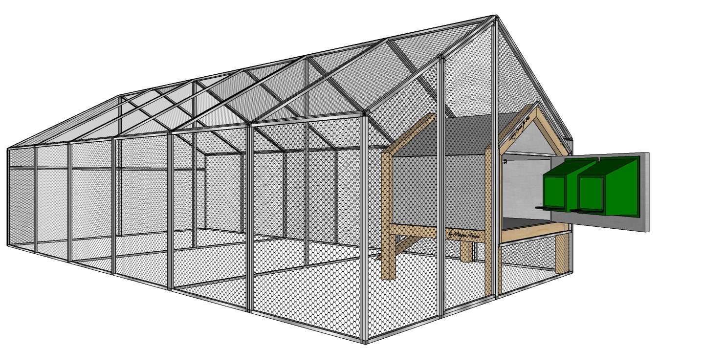 3D návrh kurníku OPTIMUS s velkou voliérou MAGNUM a hnízdními boxy