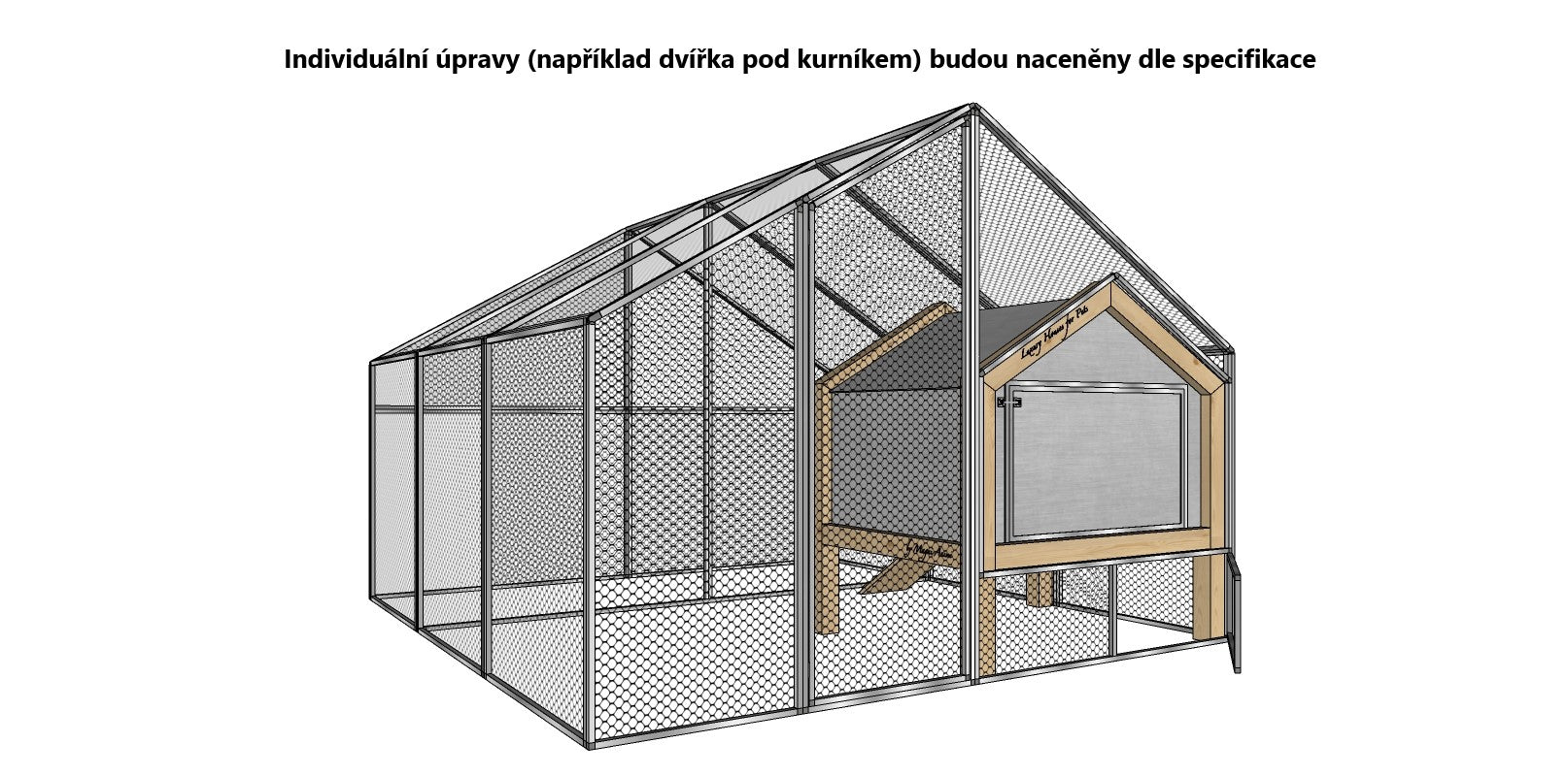 Boční pohled na 3D návrh voliéry MAGNUM s kurníkem